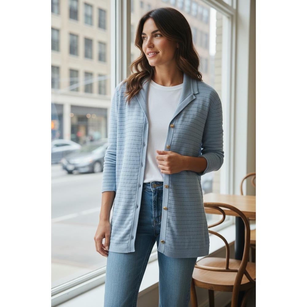 St. John Blue knit sweater jacket, gold buttons